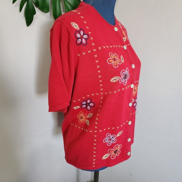 Alfred Dunner Red Embroidered SS Cotton Cardigan Sweater - Picture 6 of 7